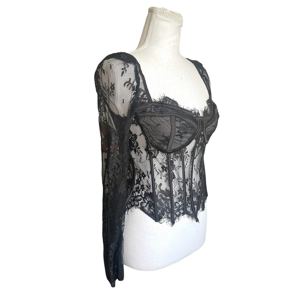 Black Sheer Lace Corset Top Boned Bustier Gothic Coquette Witchy Fairy Grunge M - Picture 4 of 13